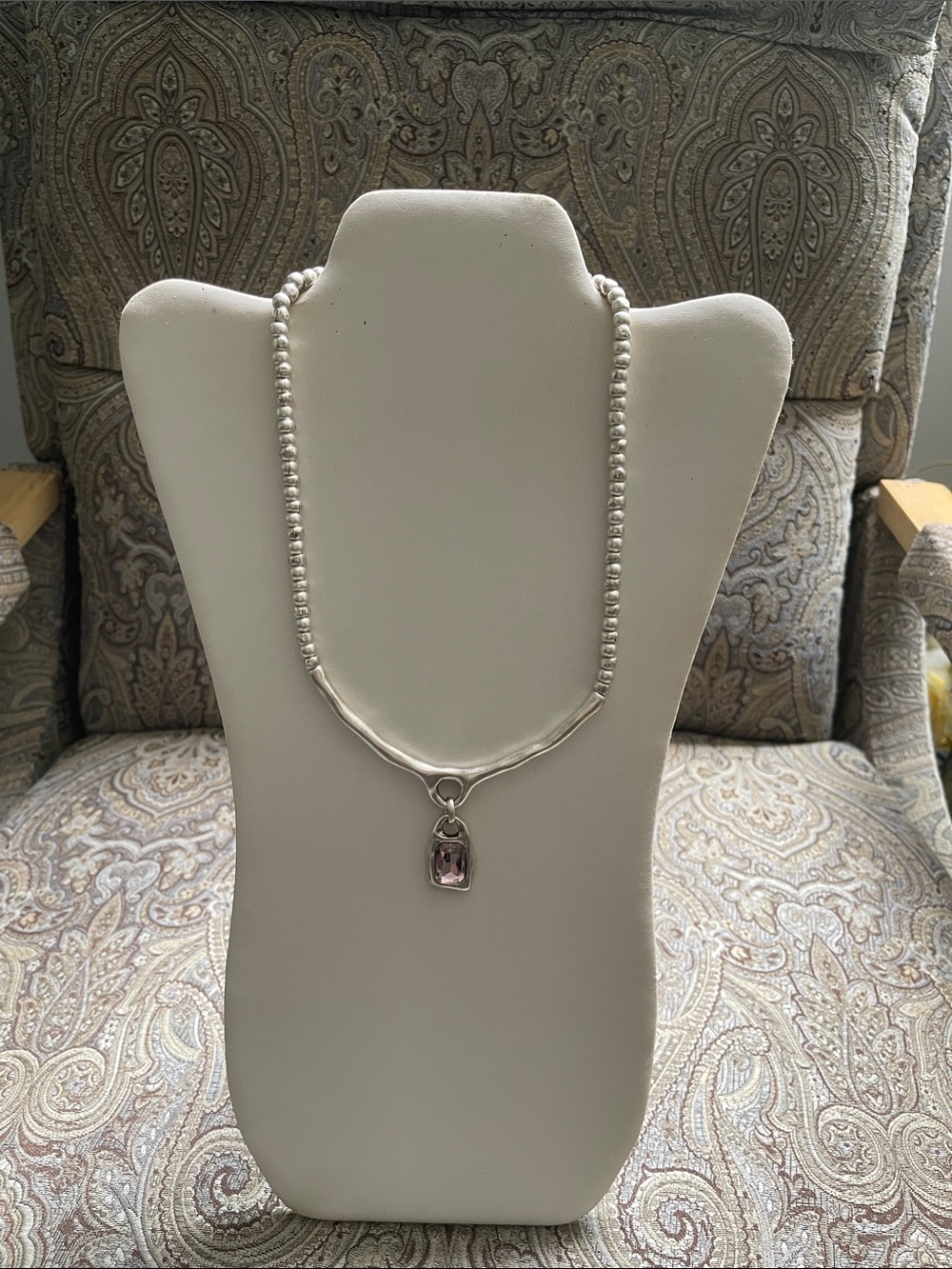 Silver Plated Bead Necklace with Pink Stone Pendant